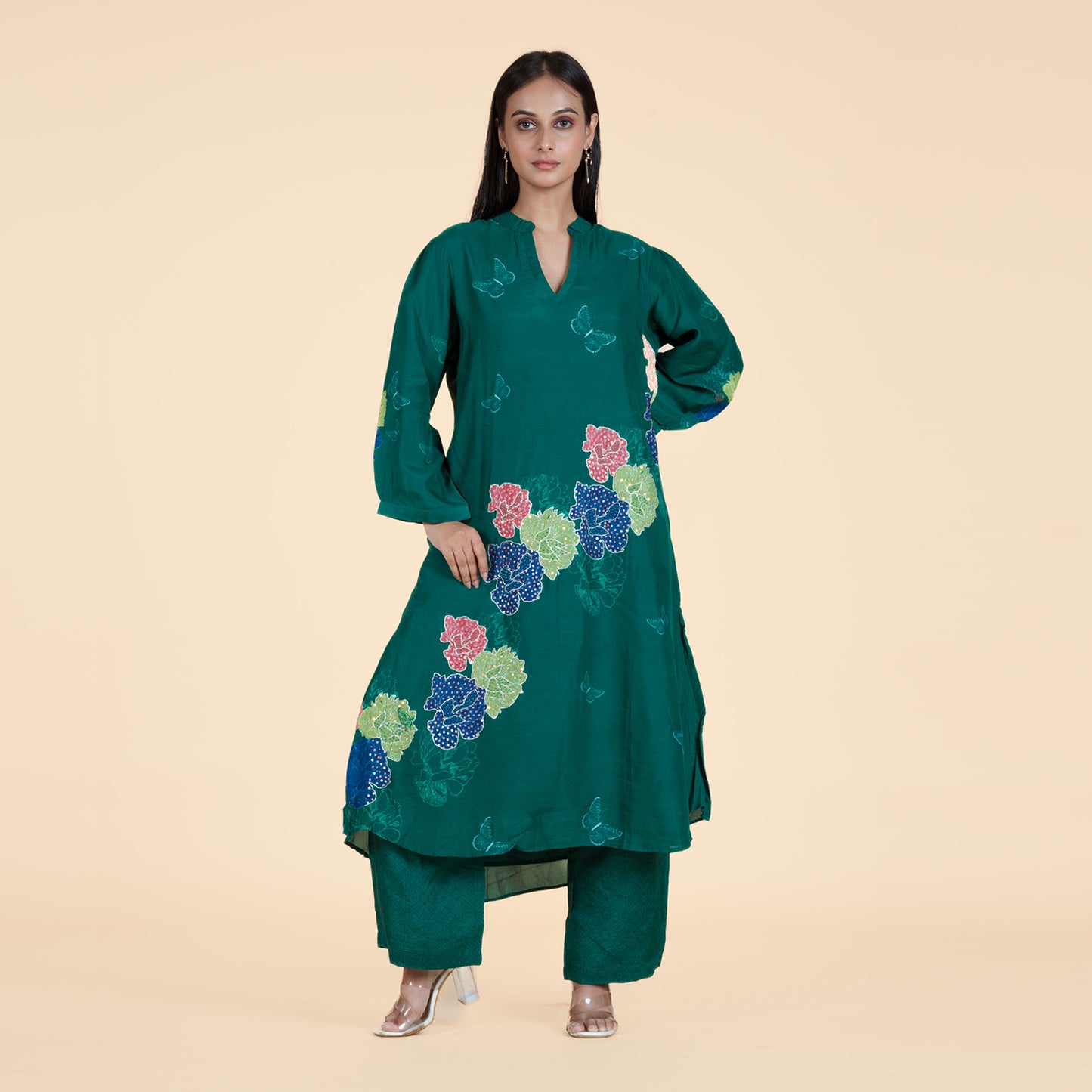 Kurti Pant Set with Floral Print & Sequence