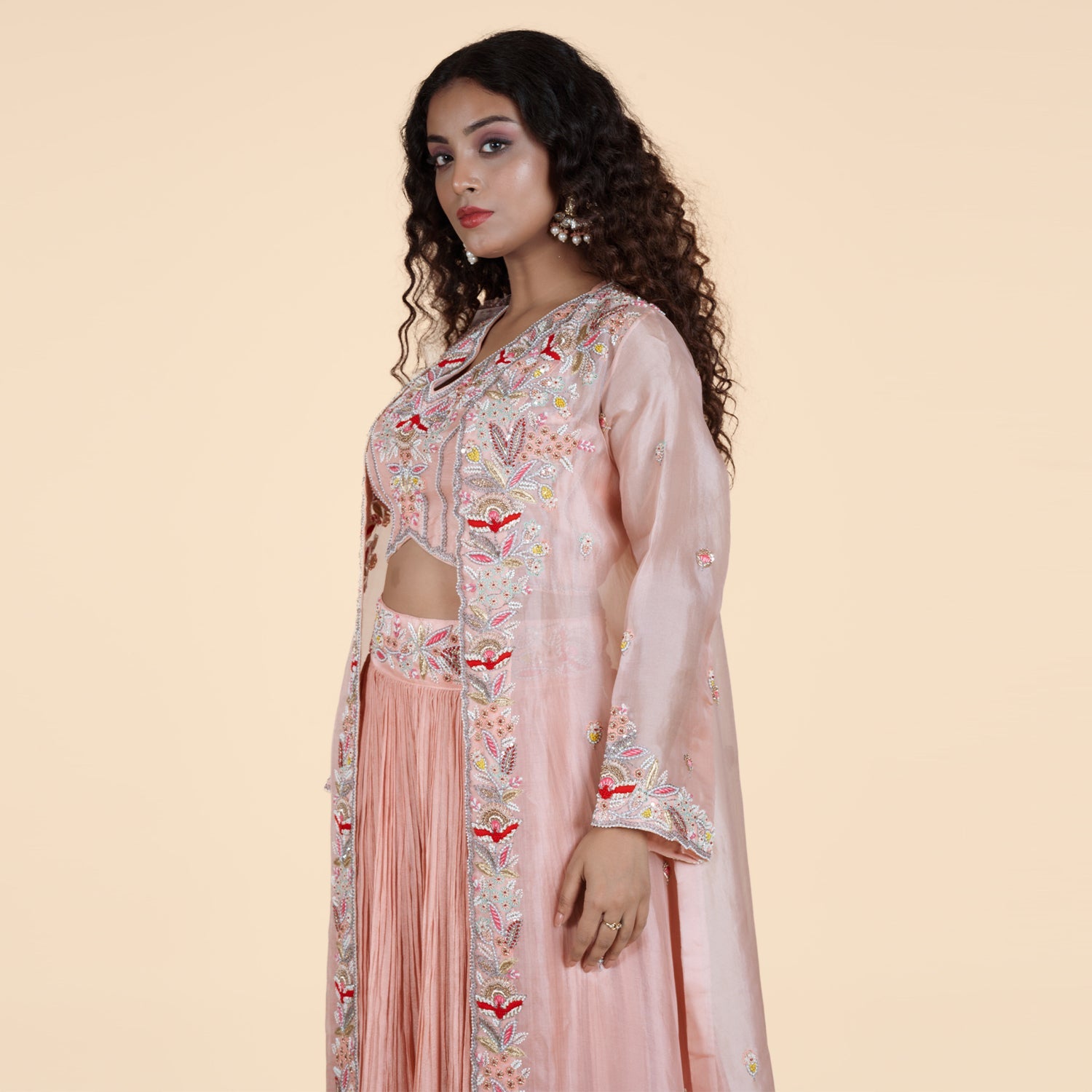 Pink Sharara Set with Organza & Gold Thread Work