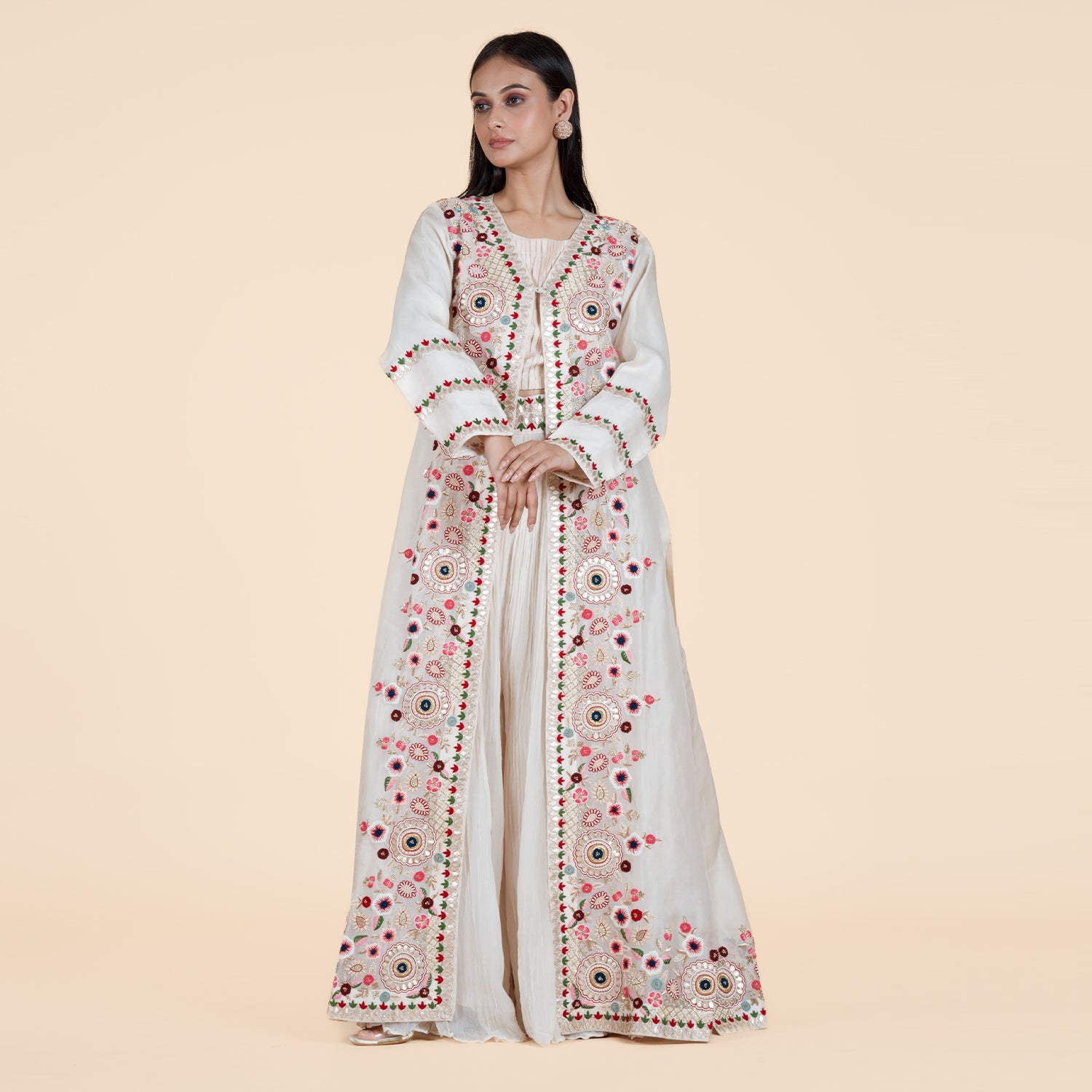 Peach Moti Elegance: Sharara Set with Organza Jacket