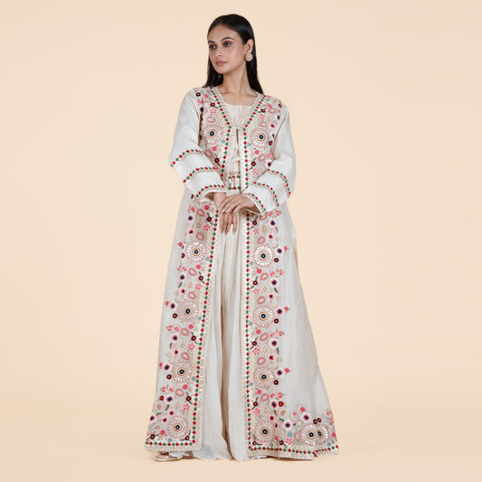 Peach Moti Elegance: Sharara Set with Organza Jacket