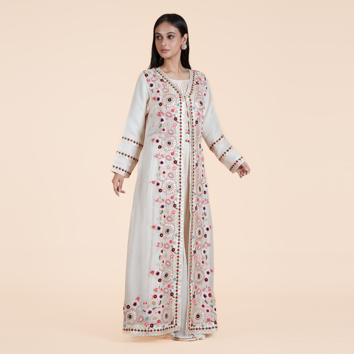 Peach Moti Elegance: Sharara Set with Organza Jacket