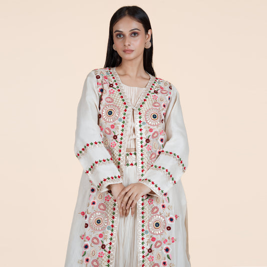 Peach Moti Elegance: Sharara Set with Organza Jacket