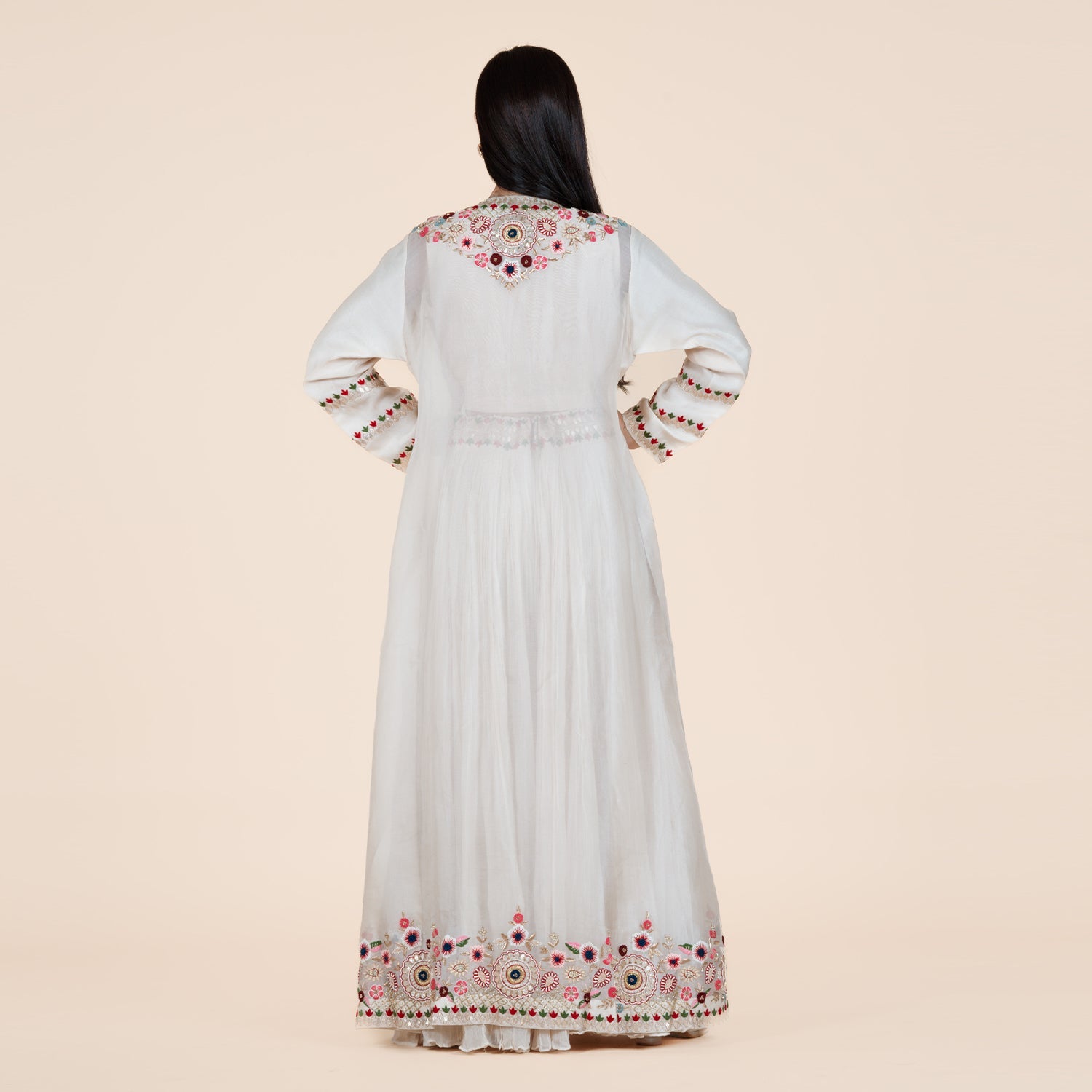Peach Moti Elegance: Sharara Set with Organza Jacket