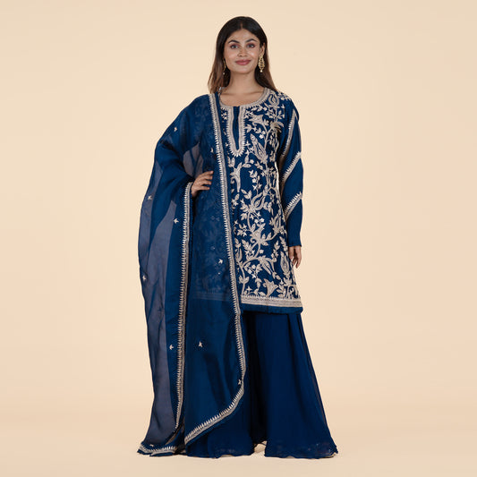 Navy Blue Kurti with Intricate Jal Work & Georgette Sharara Set