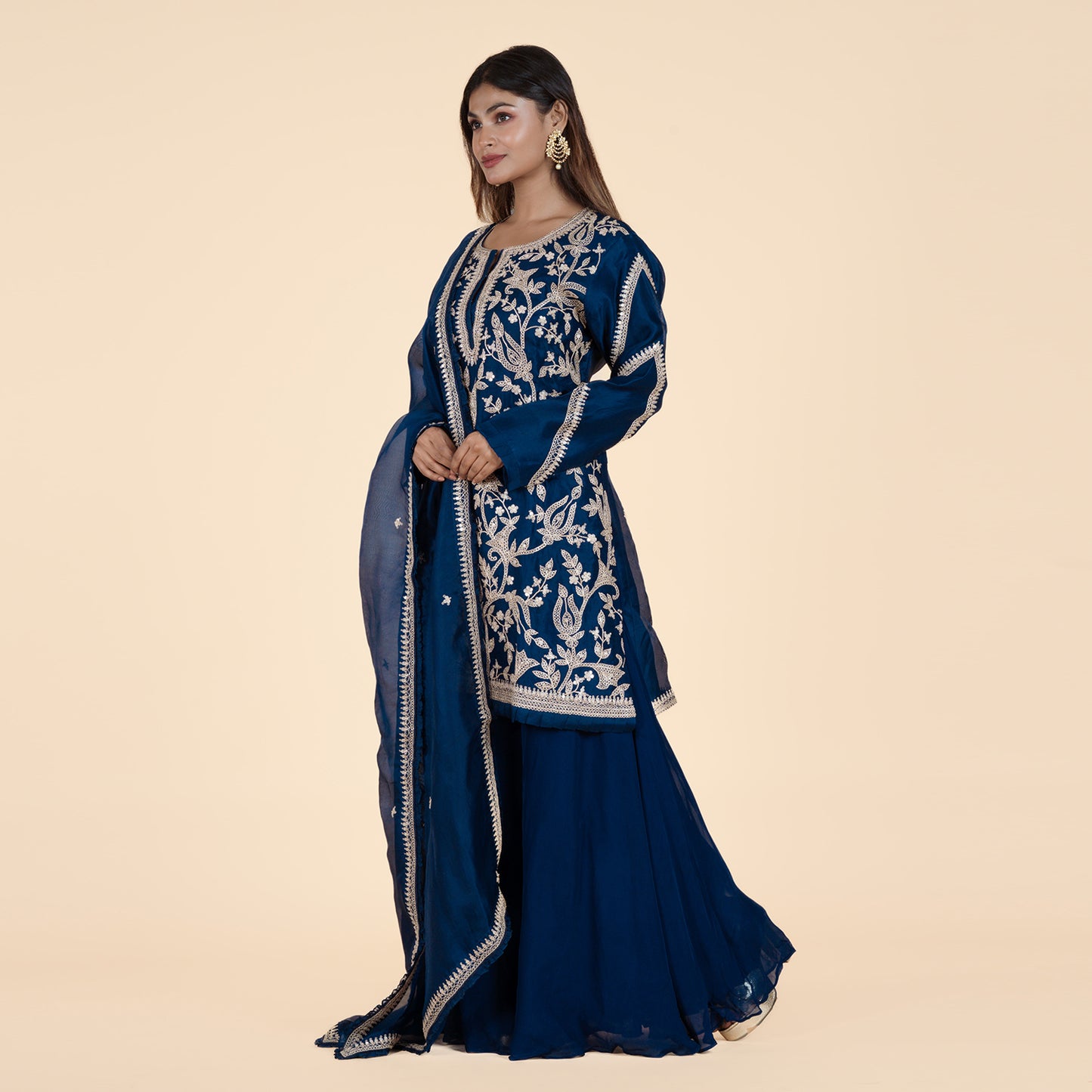 Navy Blue Kurti with Intricate Jal Work & Georgette Sharara Set