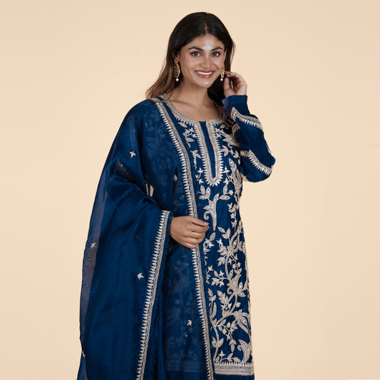 Navy Blue Kurti with Intricate Jal Work & Georgette Sharara Set