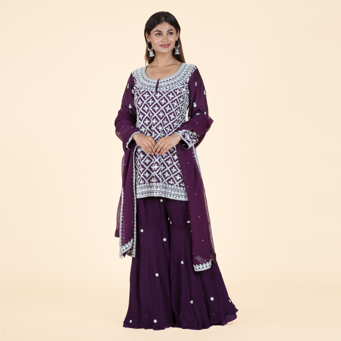 Purple Kurti with Intricate Embroidery & Sharara Set