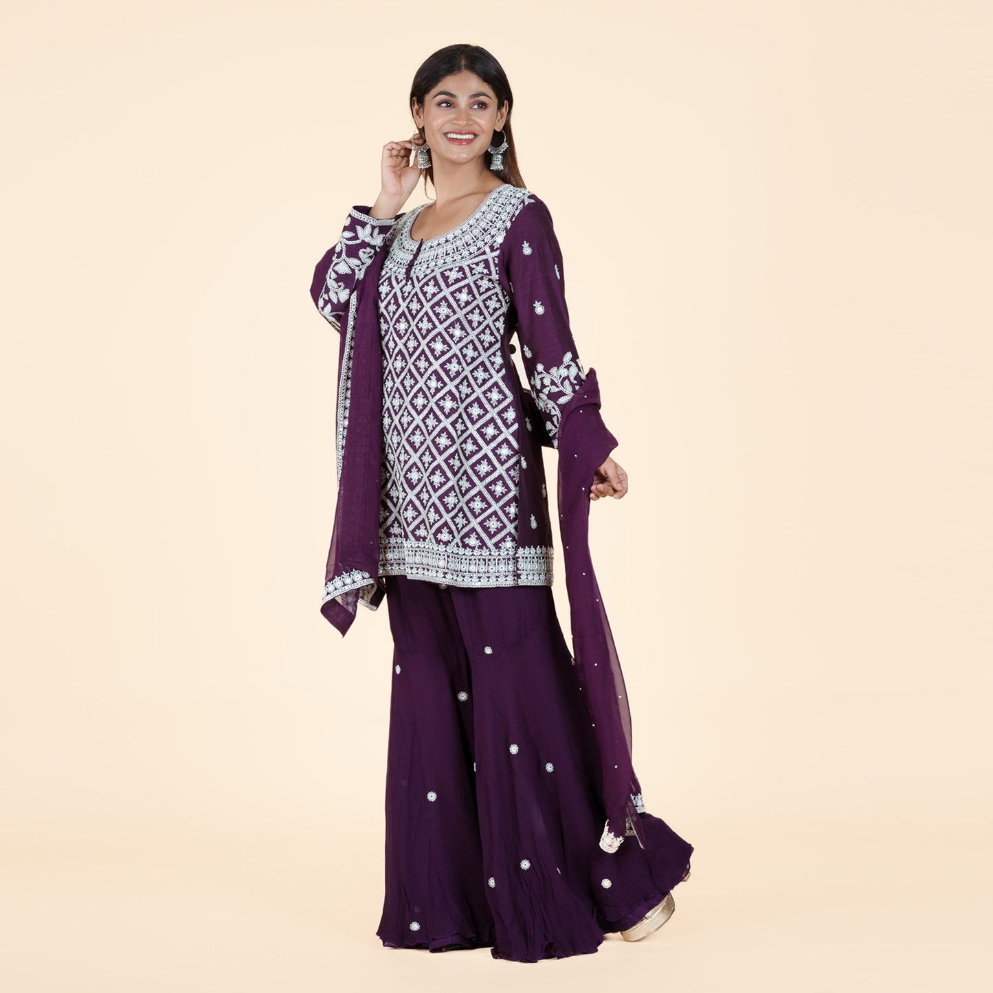 Purple Kurti with Intricate Embroidery & Sharara Set