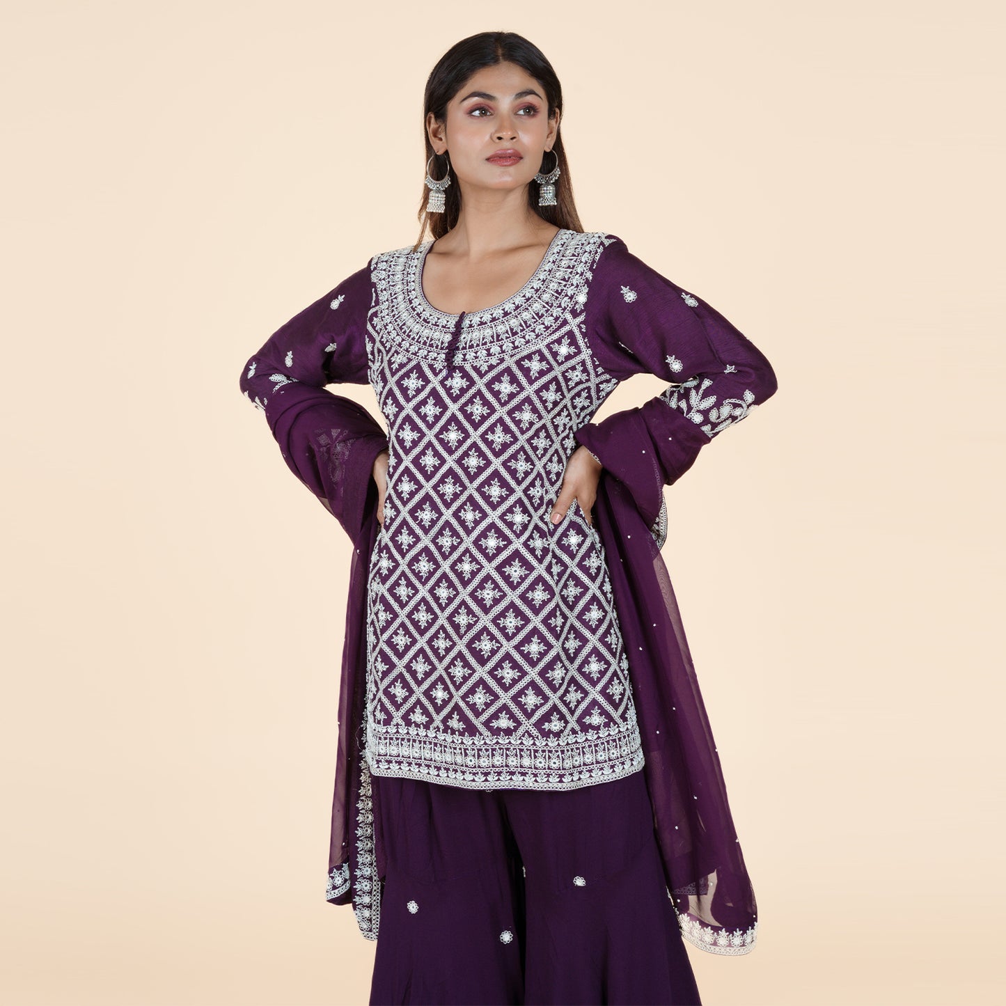 Purple Kurti with Intricate Embroidery & Sharara Set