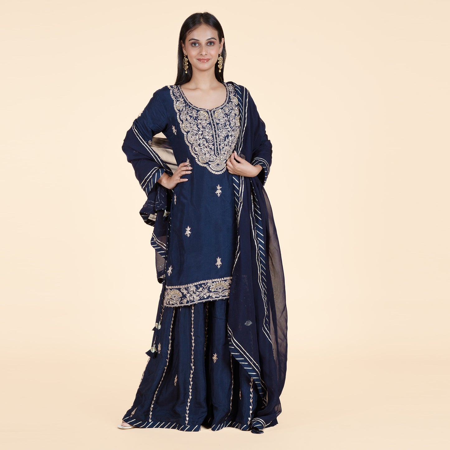 Navy Blue Kurti with Intricate Handwork & Garara Set