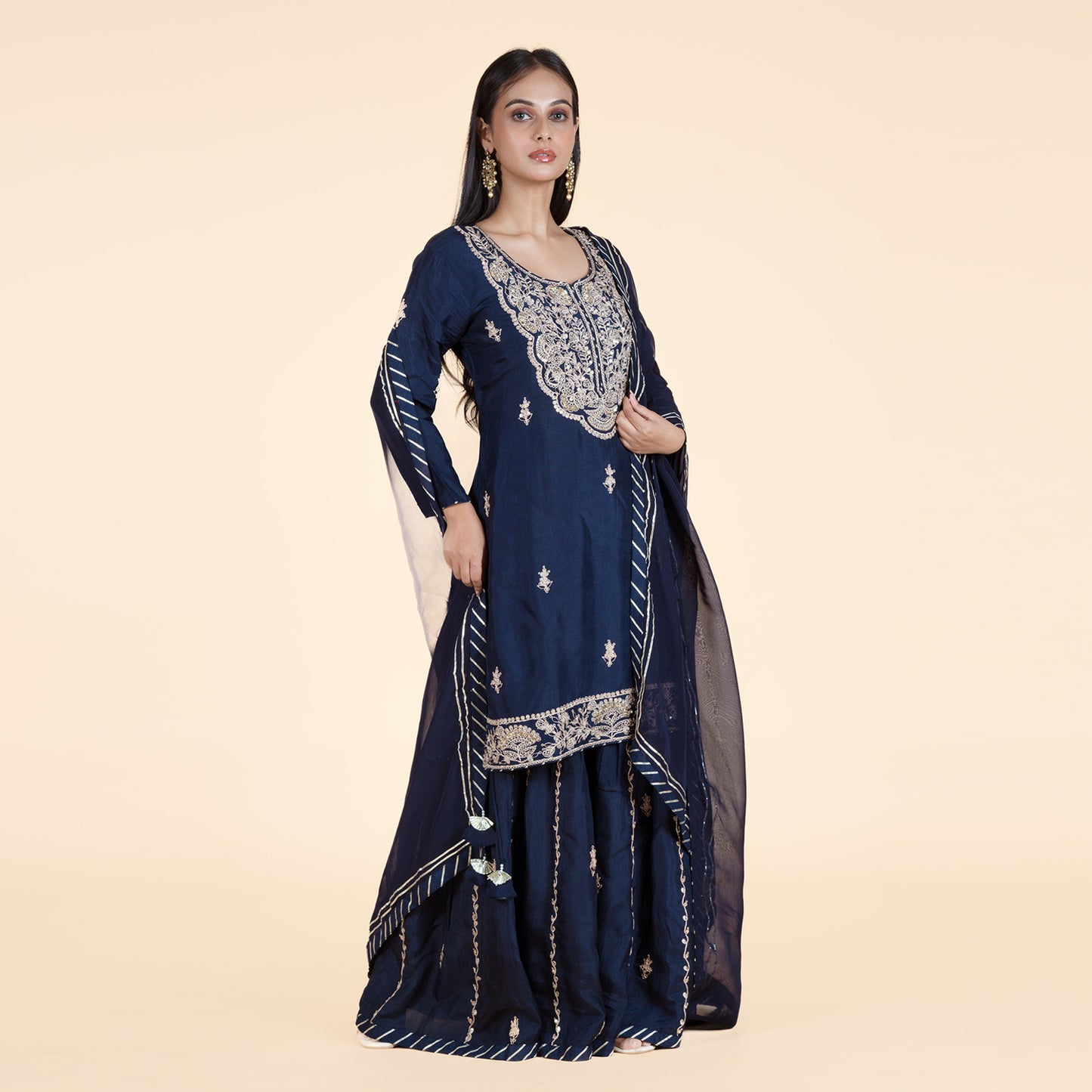 Navy Blue Kurti with Intricate Handwork & Garara Set