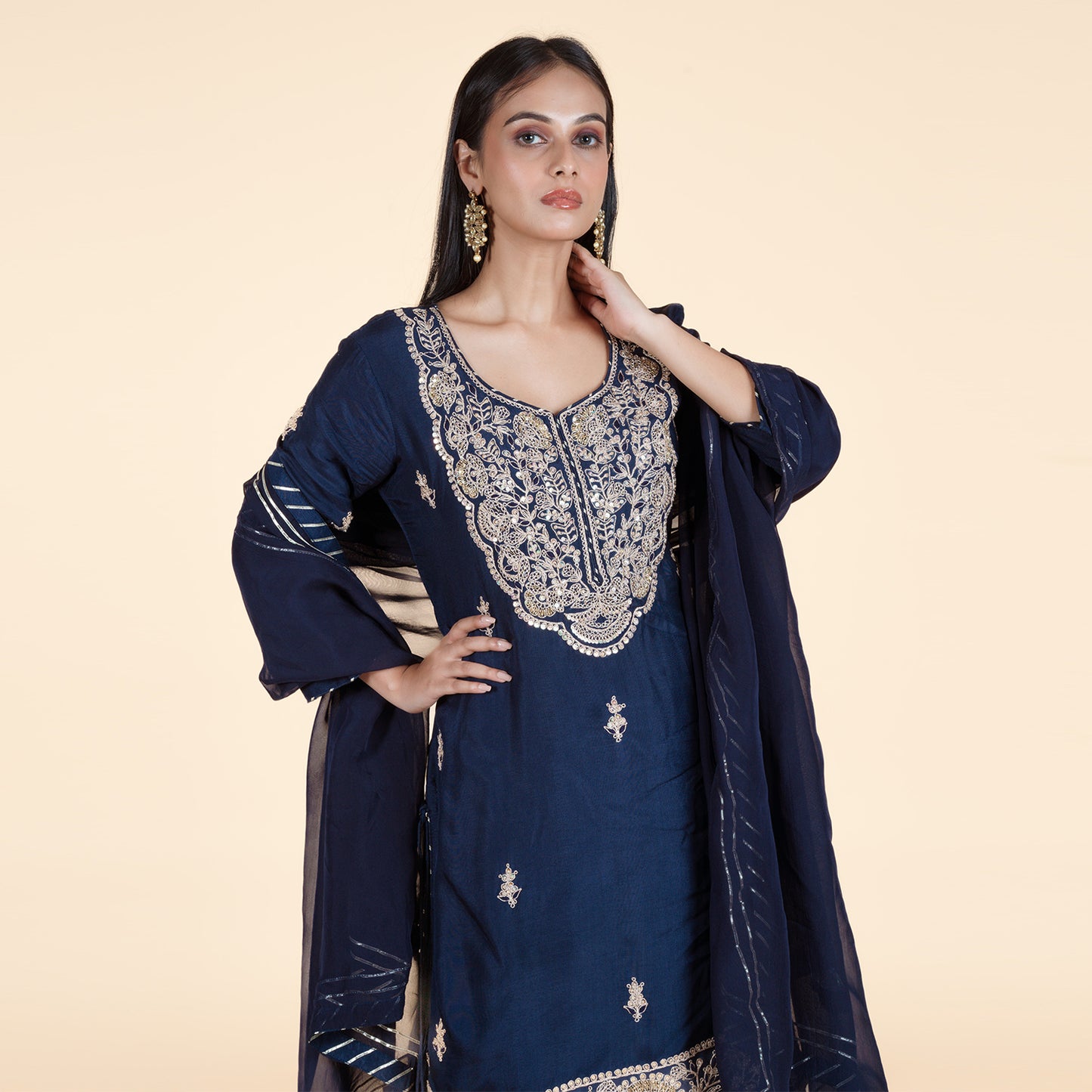 Navy Blue Kurti with Intricate Handwork & Garara Set