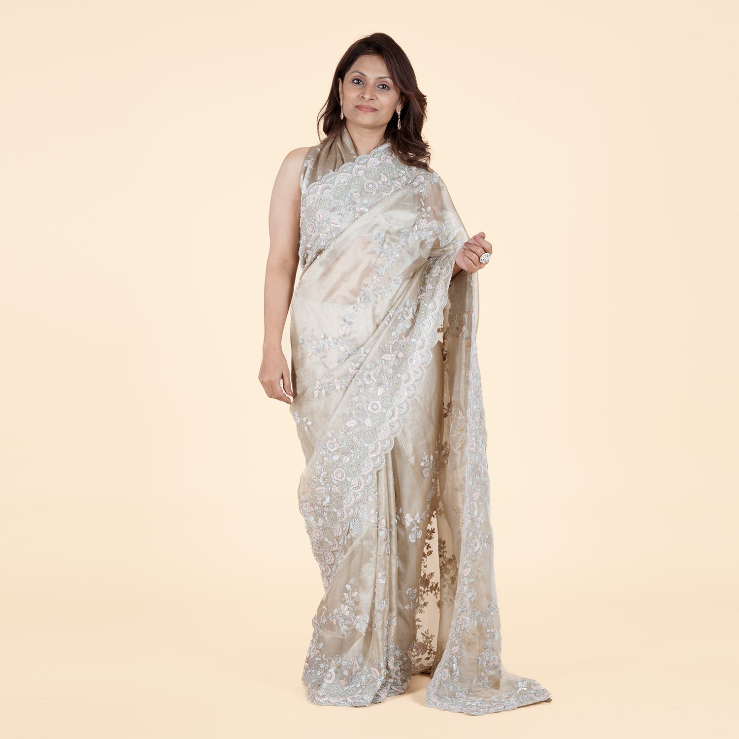 Tissue Saree with Cori & Moti Work