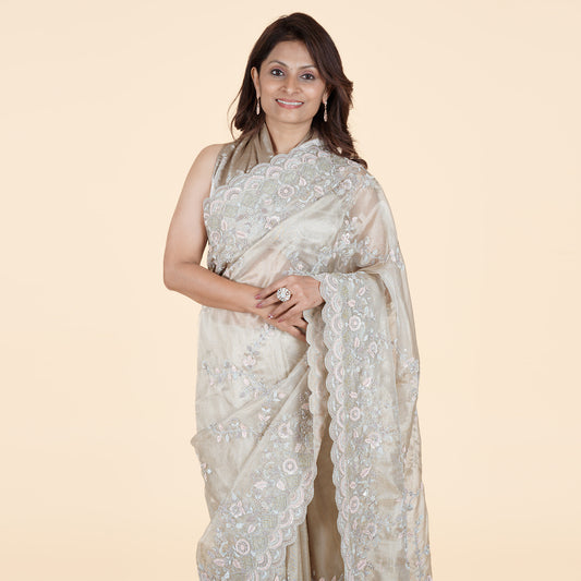 Tissue Saree with Cori & Moti Work