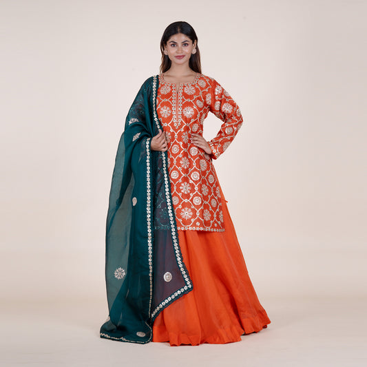 Green Dupatta with Orange Thread Work Kurti Set