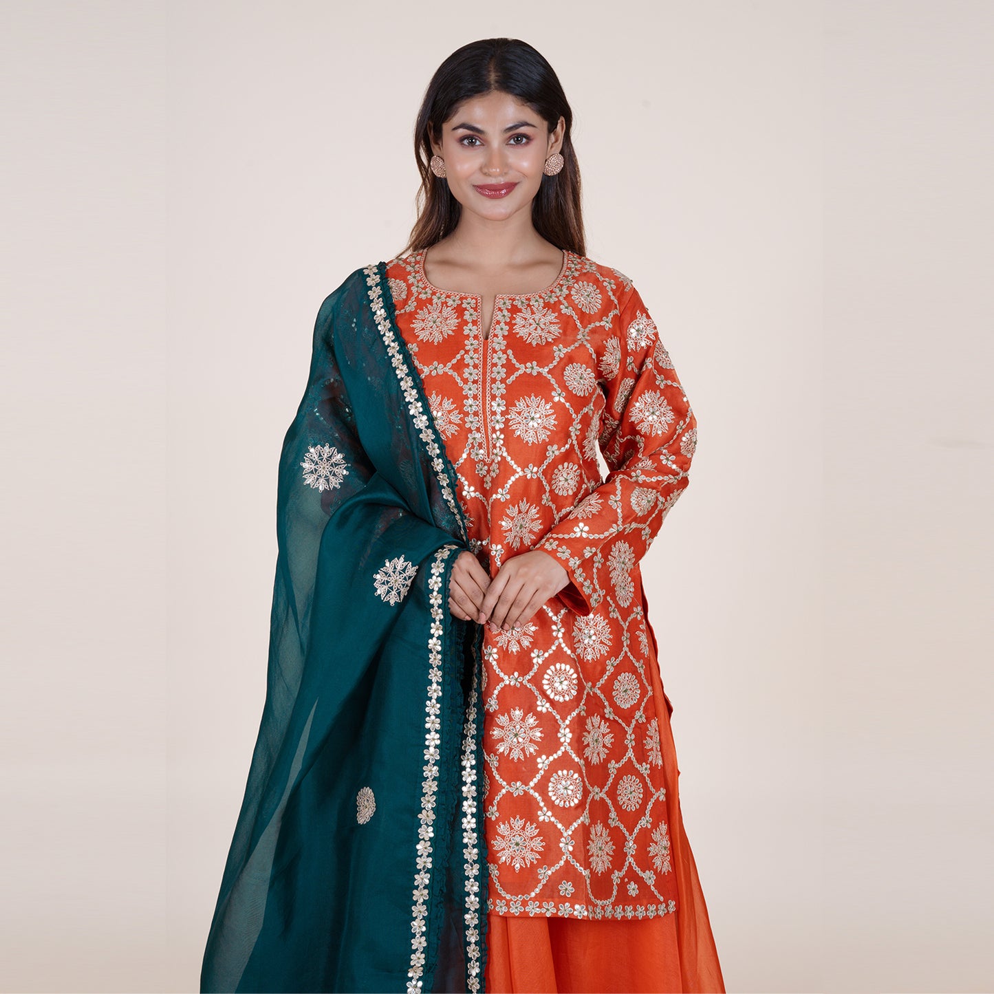 Green Dupatta with Orange Thread Work Kurti Set