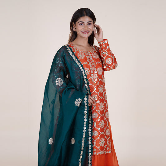 Green Dupatta with Orange Thread Work Kurti Set