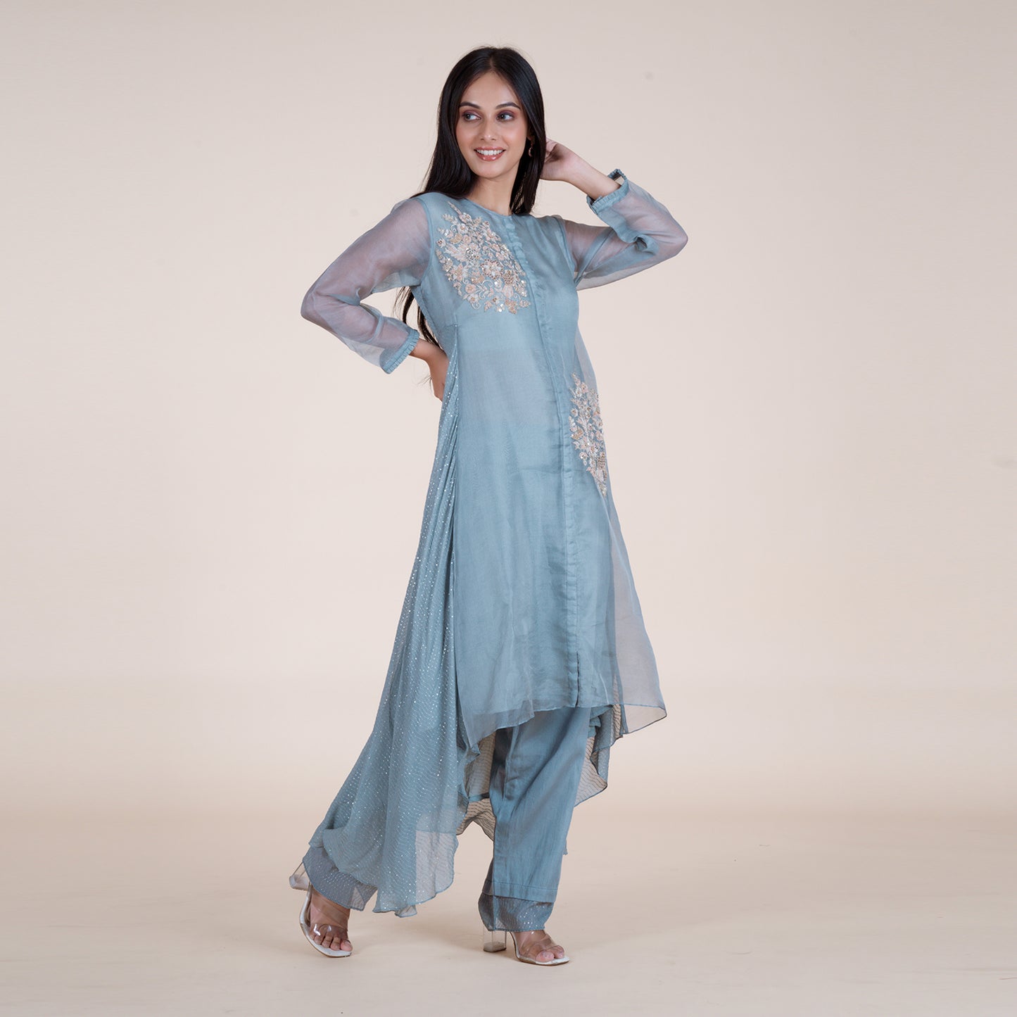 Elegant Grey Organza Kurta Pant with Cori Work