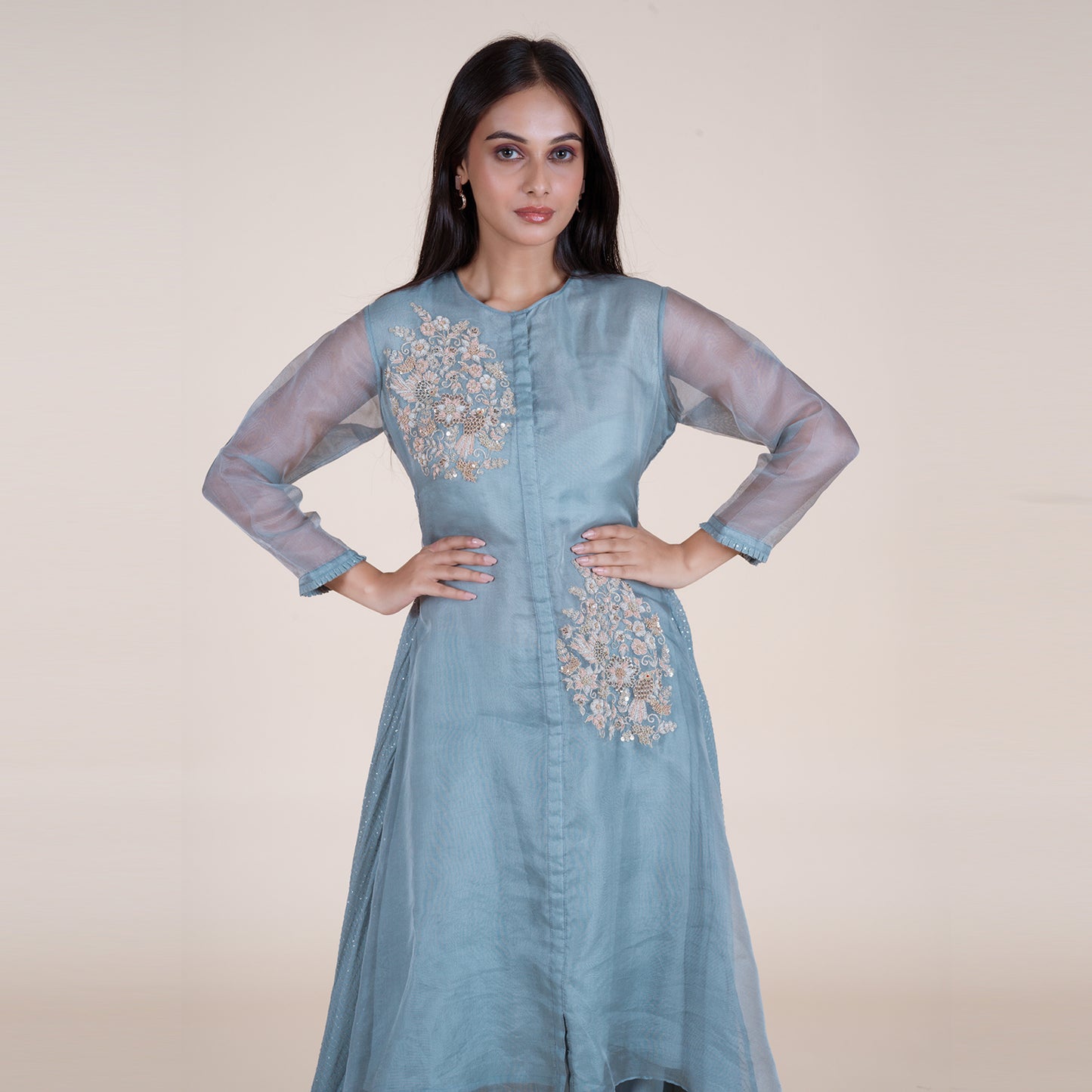 Elegant Grey Organza Kurta Pant with Cori Work