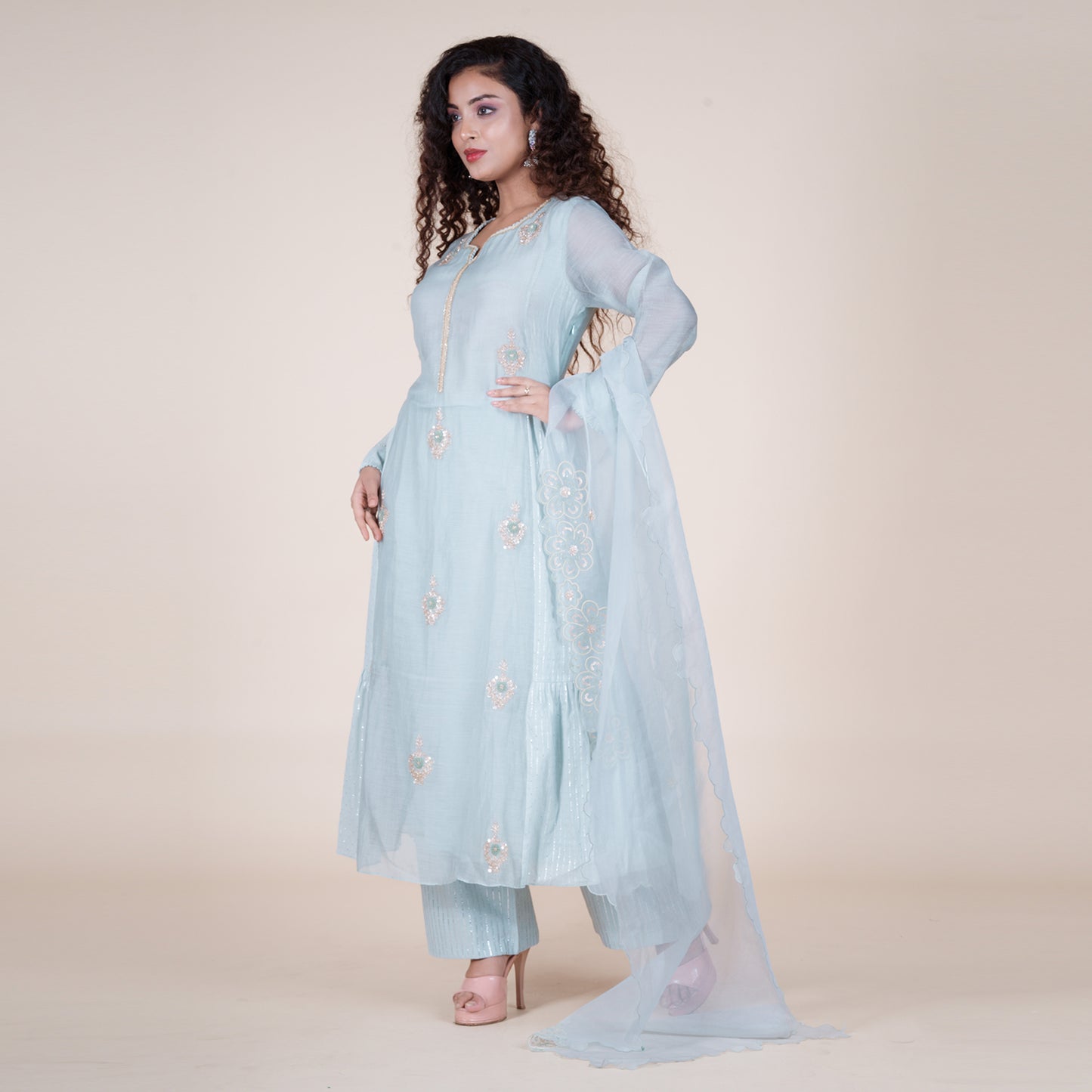 Pastel Blue Embroidered Kurti Set