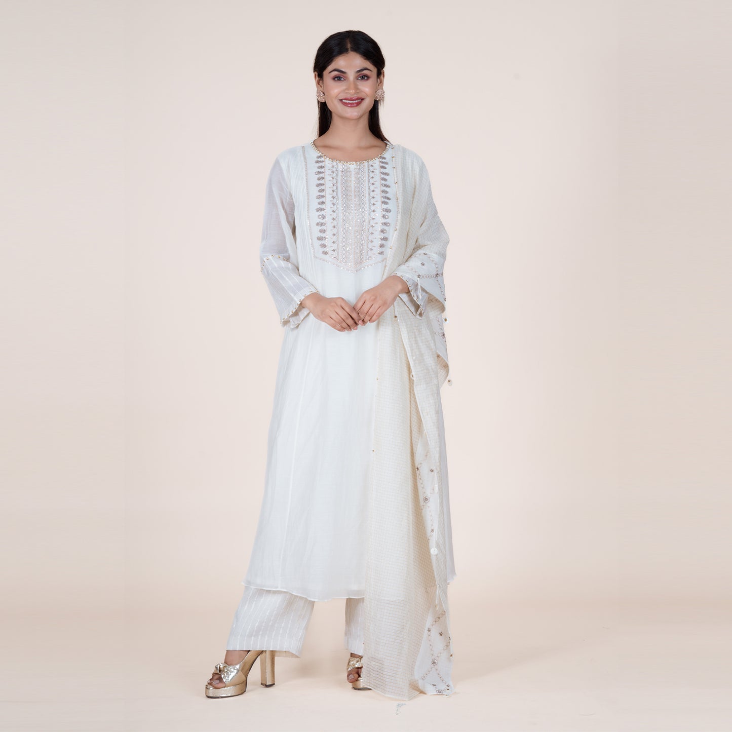 Embroidered Yoke Kurti with Pintucks Pant