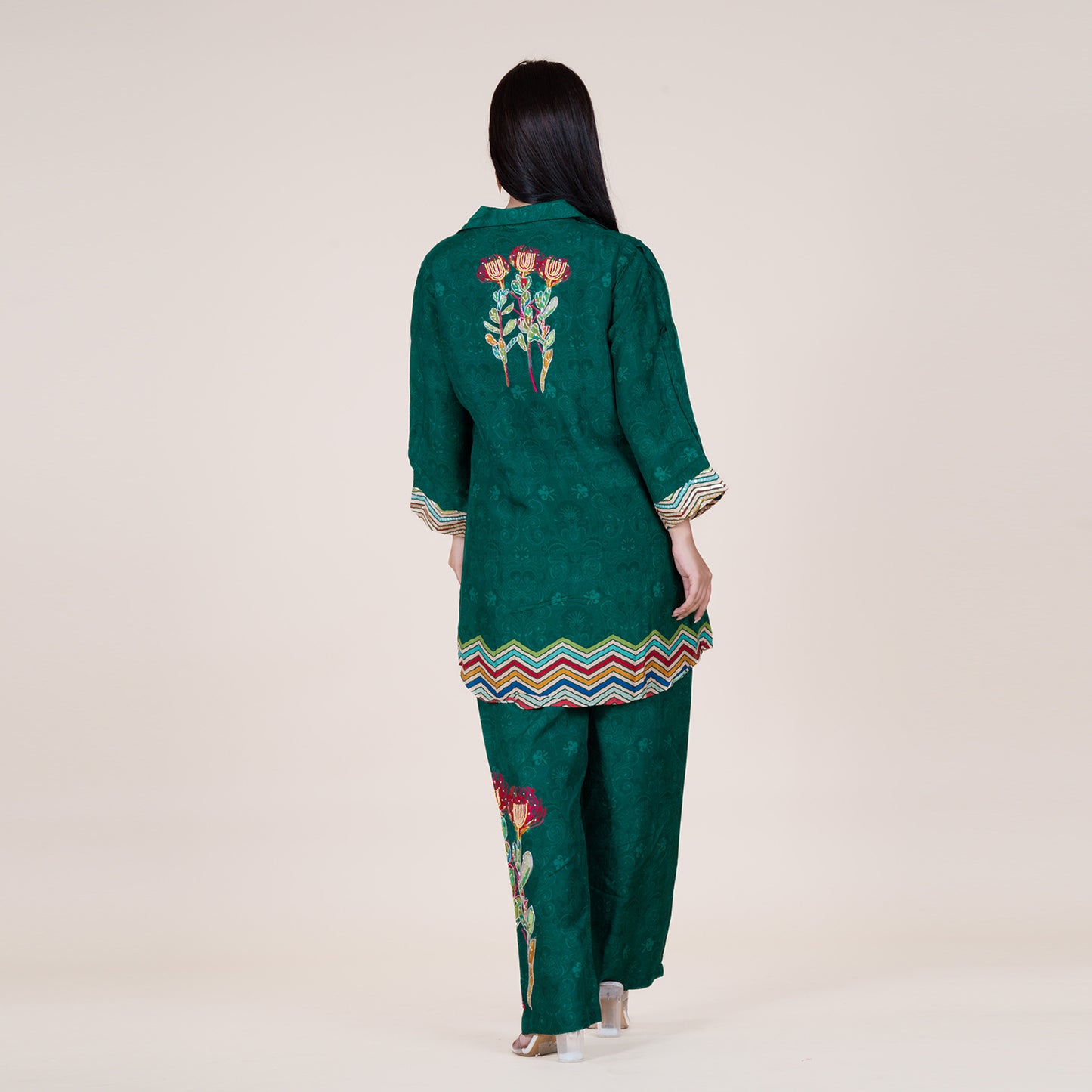 Bottle Green Floral Silk Kurti & Pant Set