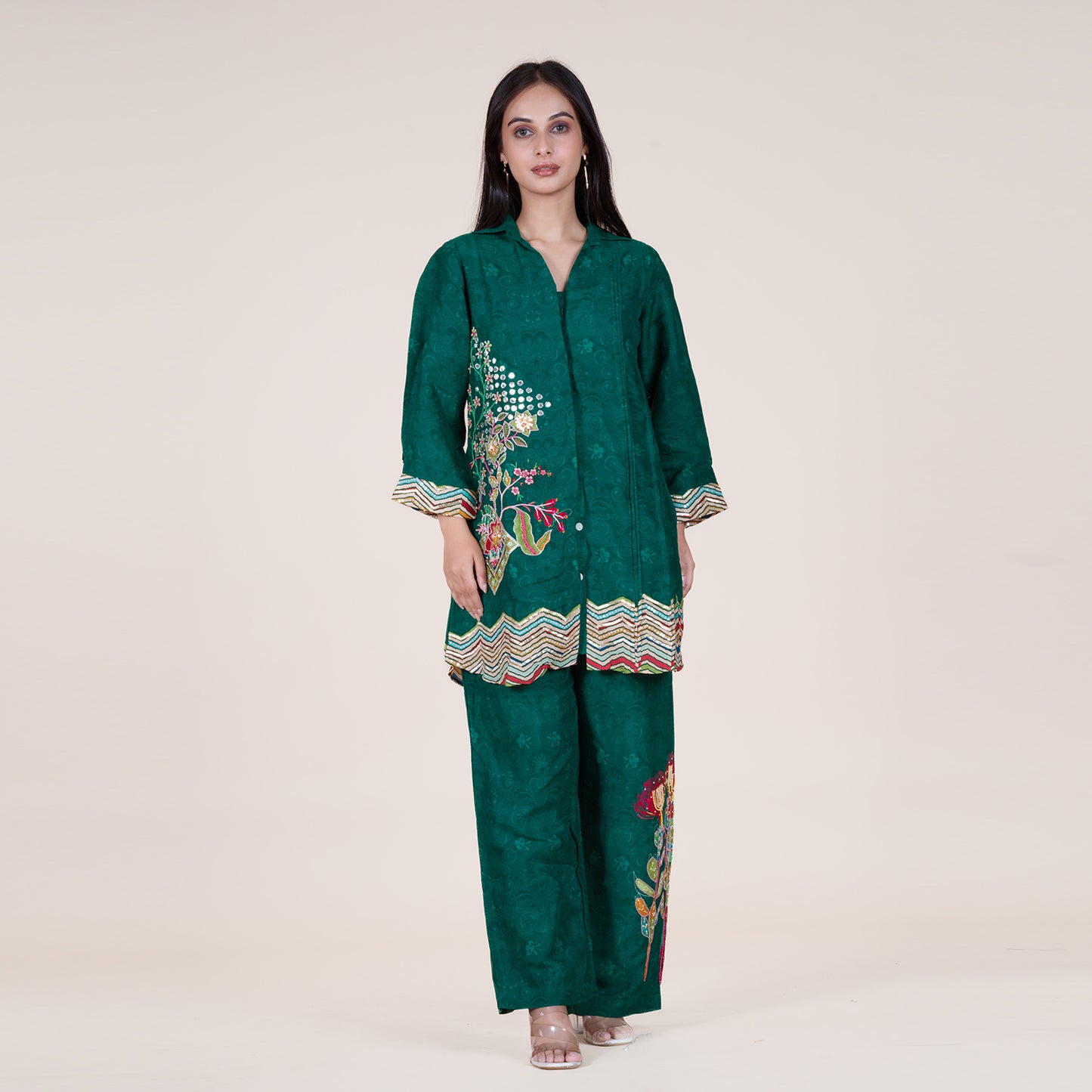 Bottle Green Floral Silk Kurti & Pant Set