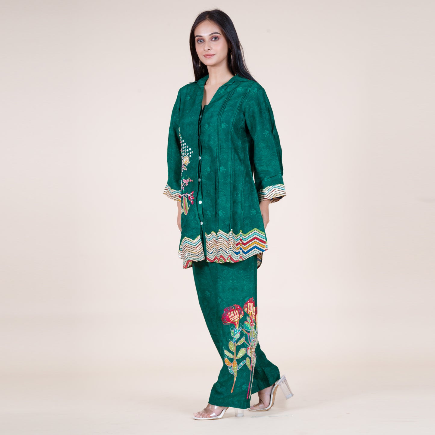 Bottle Green Floral Silk Kurti & Pant Set