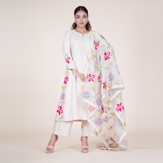 Appliqué Kurti Set with Floral Dupatta