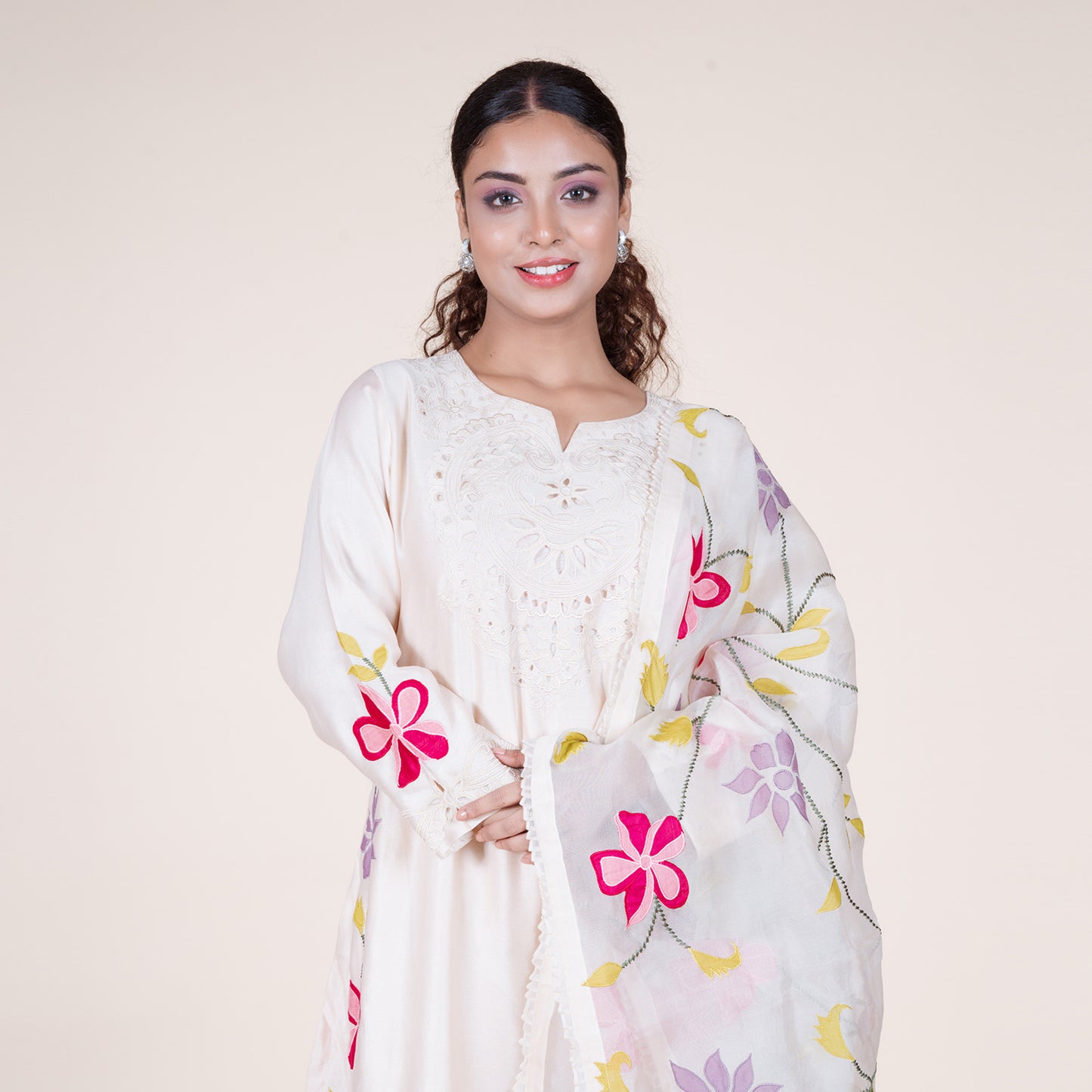 Appliqué Kurti Set with Floral Dupatta