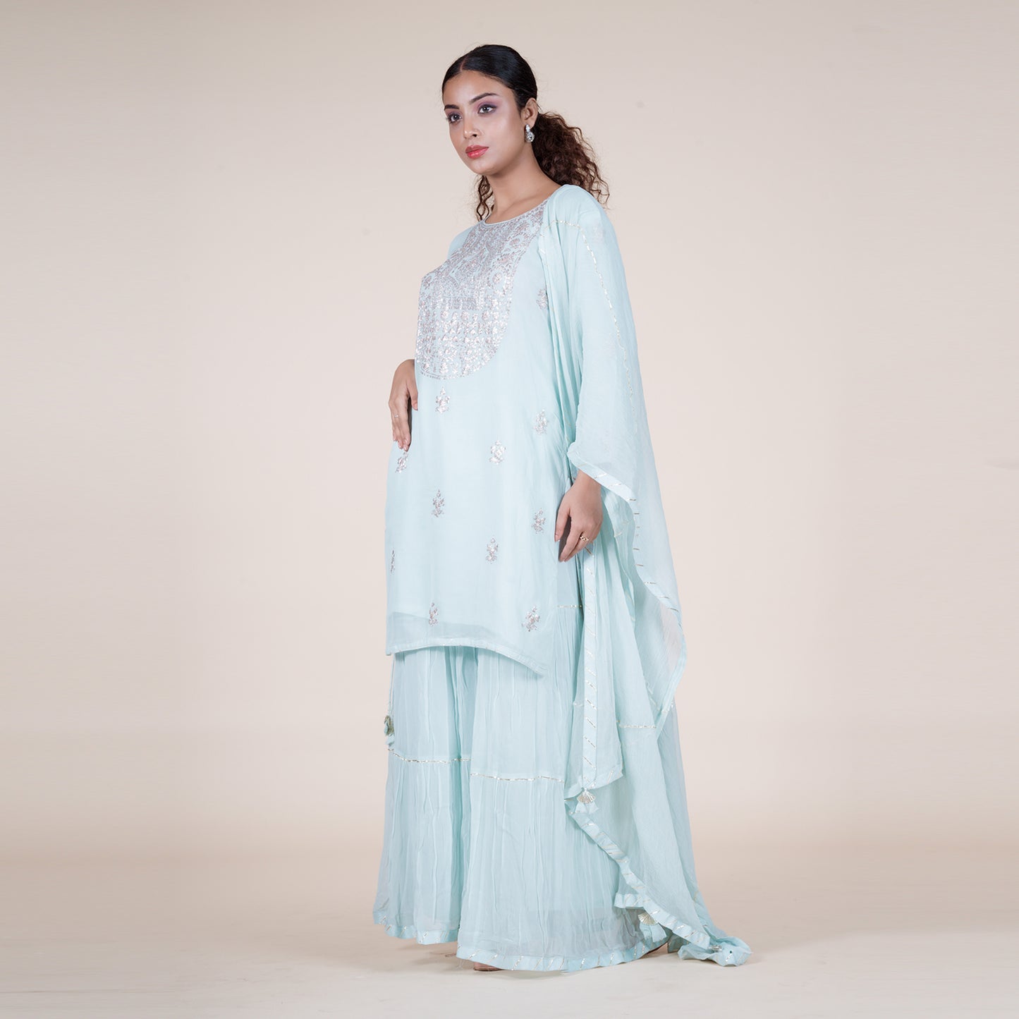 Zari Embellished Yoke with Sharara & Chiffon Dupatta