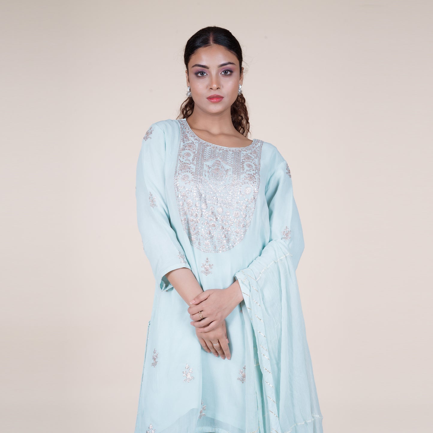 Zari Embellished Yoke with Sharara & Chiffon Dupatta