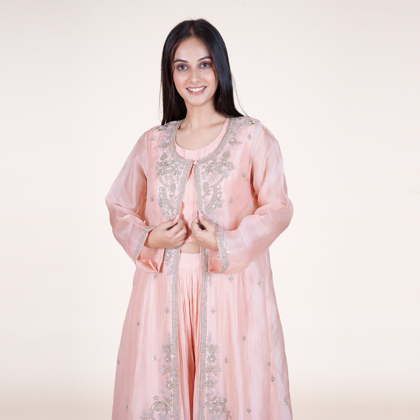 Luminous Zari & Thread Embellished Chiffon Palazzo Set with Organza Shrug