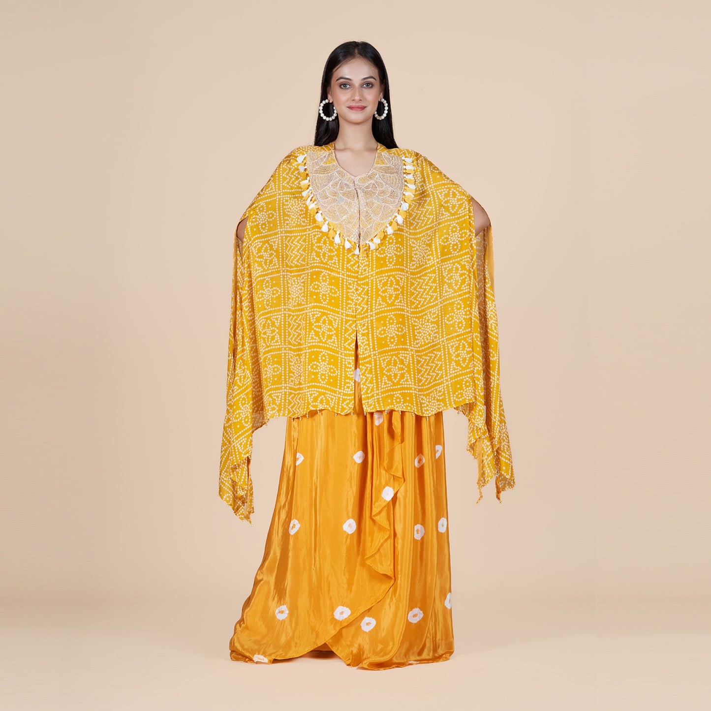 Bandhej Kaftan with Zari Tassels & Draped Skirt