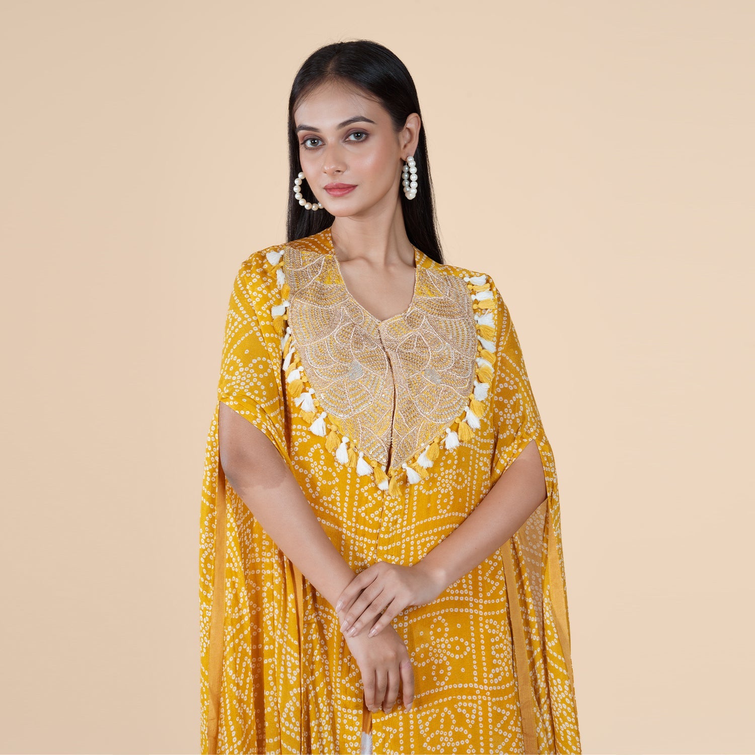 Bandhej Kaftan with Zari Tassels & Draped Skirt