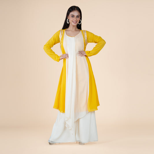 Golden Glow Mustard & White Organza Lurex Co-ord Set