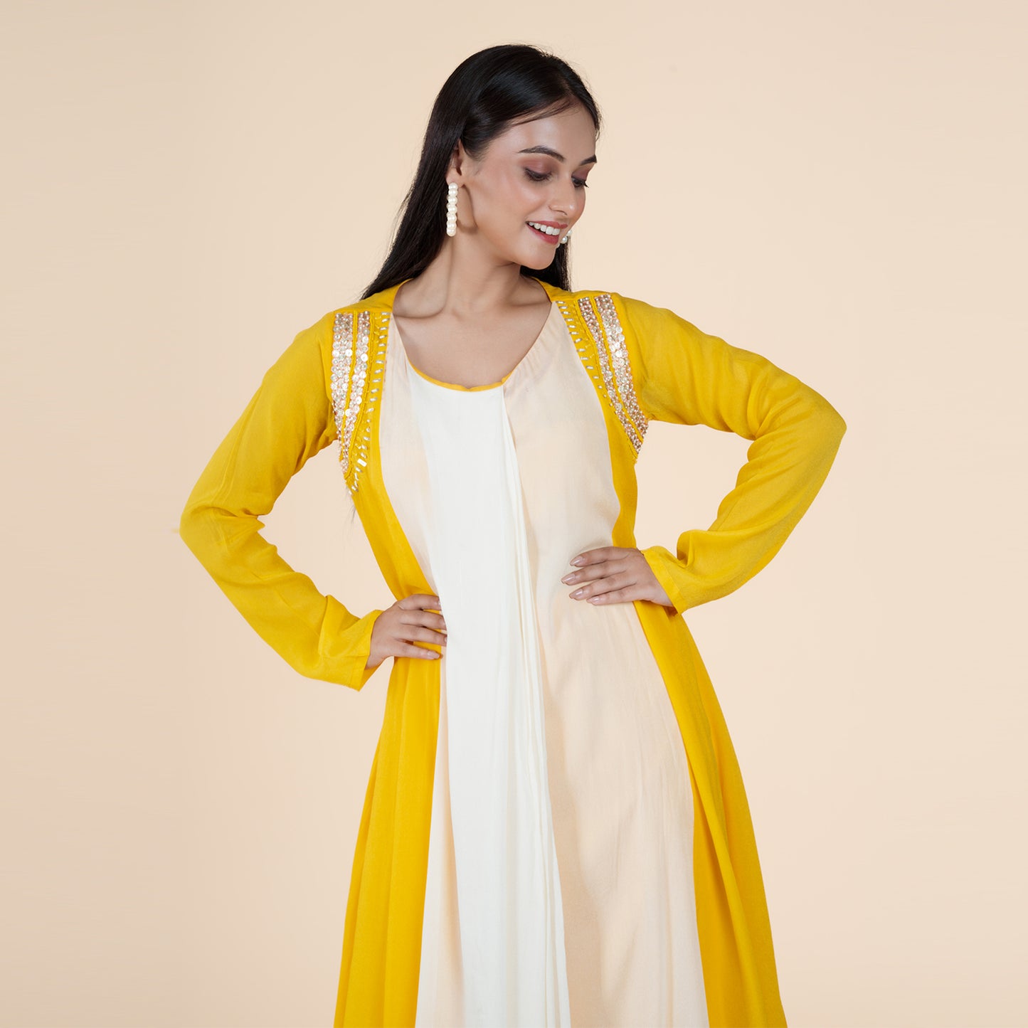 Golden Glow Mustard & White Organza Lurex Co-ord Set