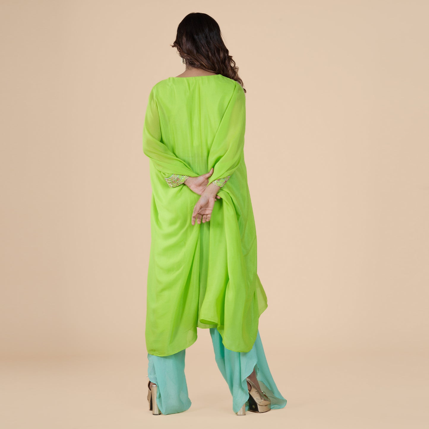 Emerald Elegance Kaftani Kurti with Dhoti-Style Pants