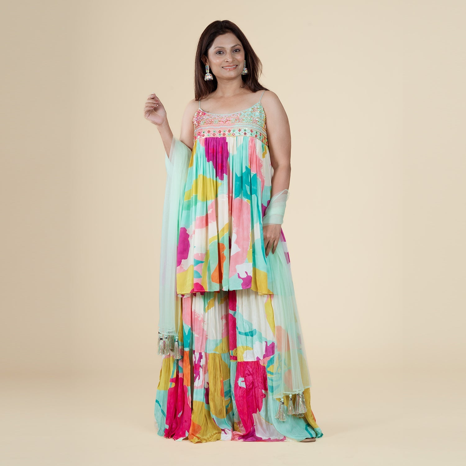 Vibrant Mirage Top with Sequence, Cutdana & Mirror Work with Sharara & Net Dupatta