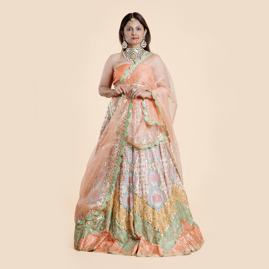 Off White & Orange Silk Ghagra Set