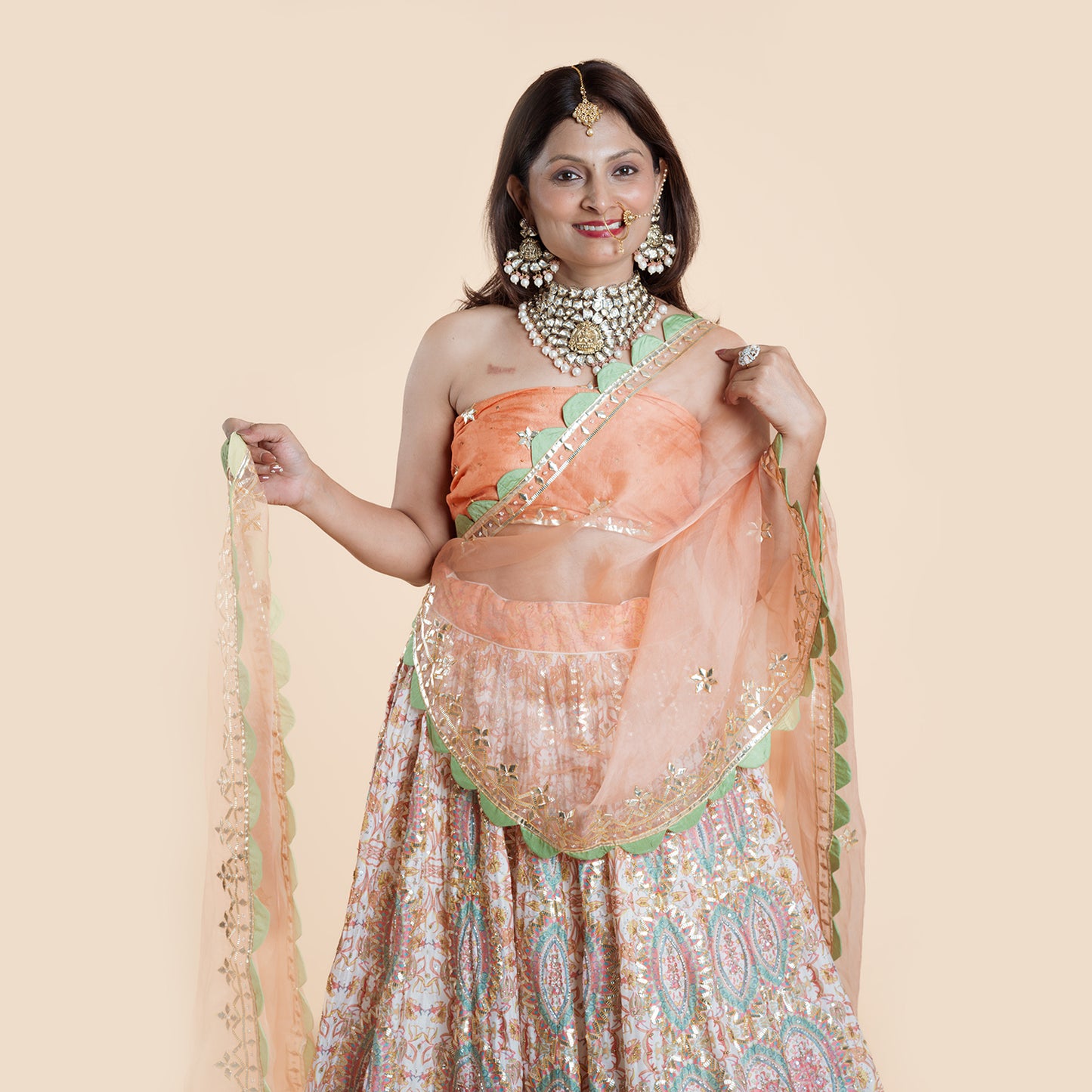 Off White & Orange Silk Ghagra Set