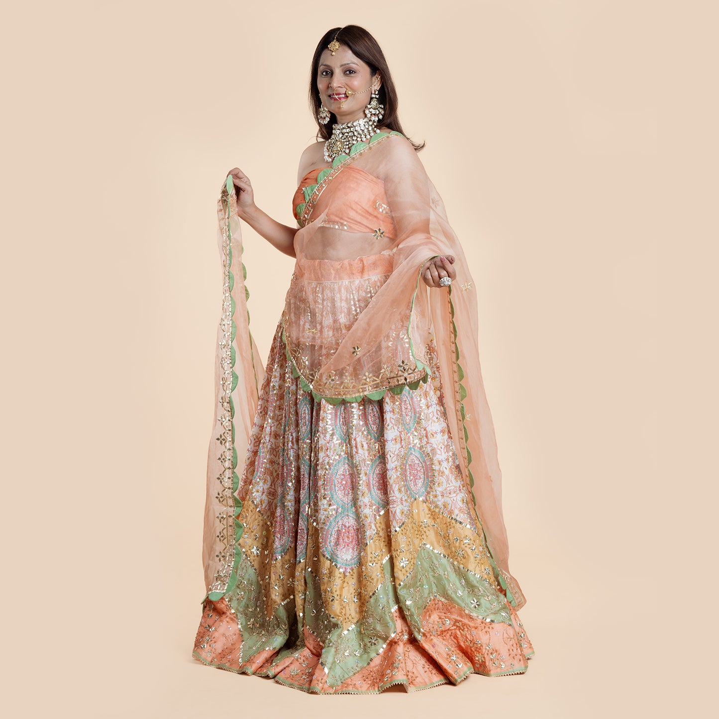 Off White & Orange Silk Ghagra Set