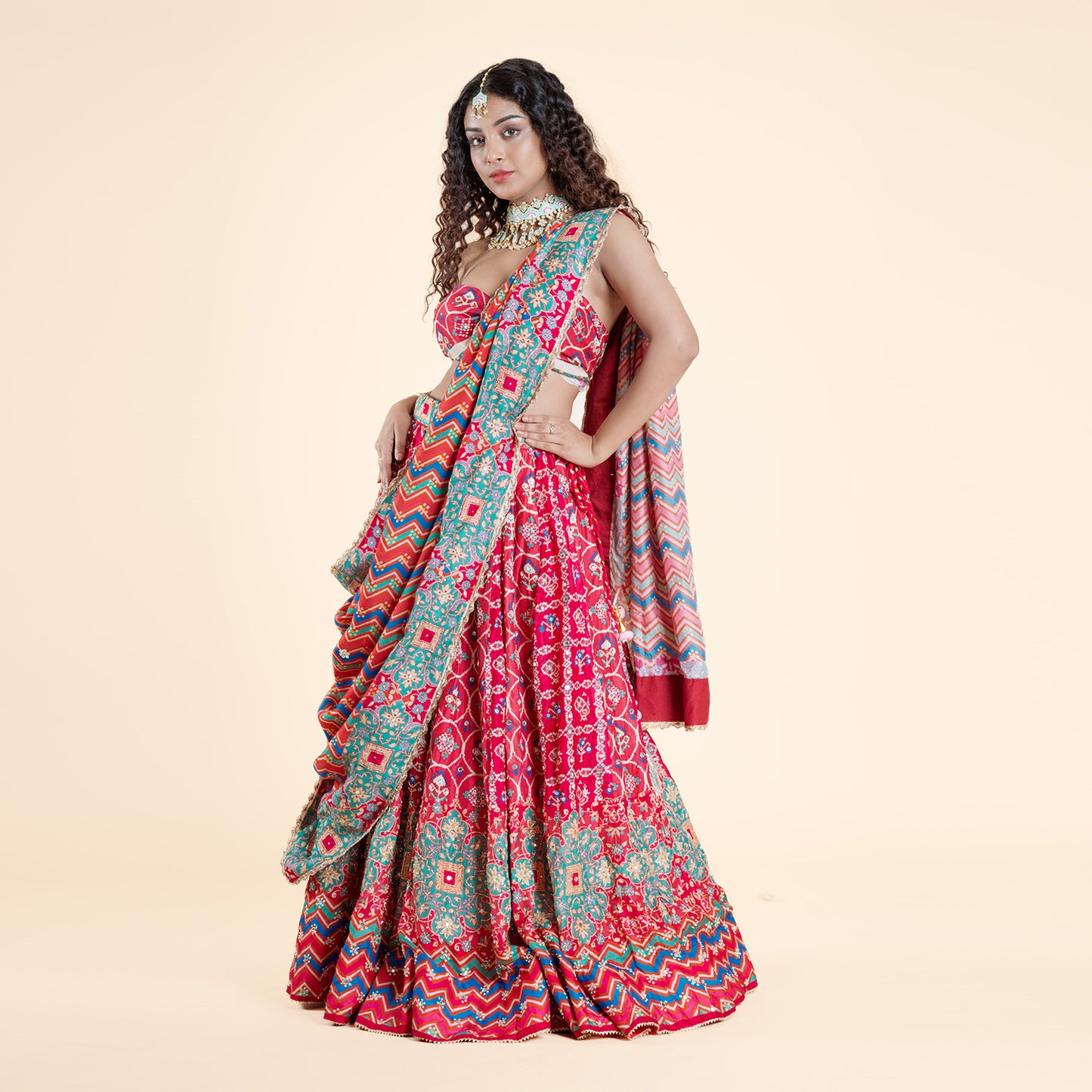 Pink Printed Silk Ghagra Set