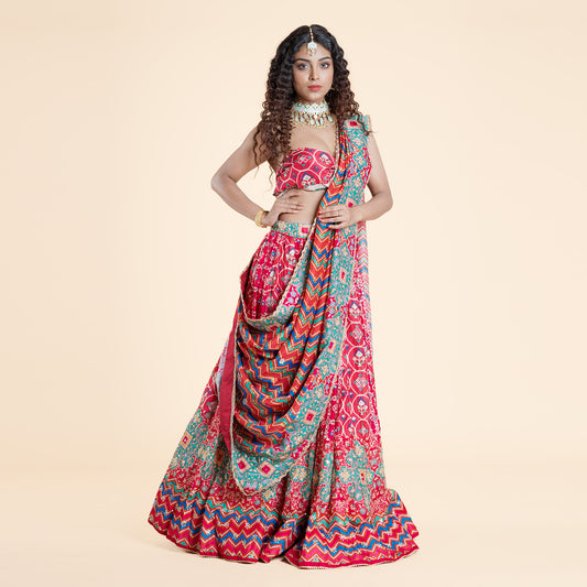 Pink Printed Silk Ghagra Set