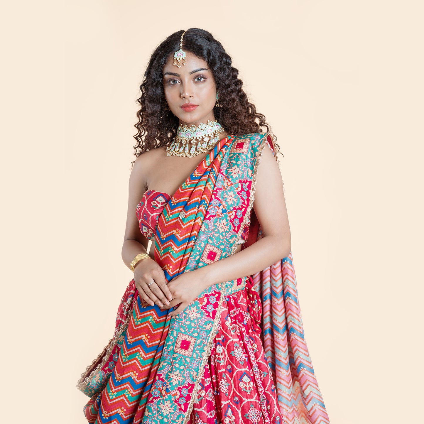 Pink Printed Silk Ghagra Set