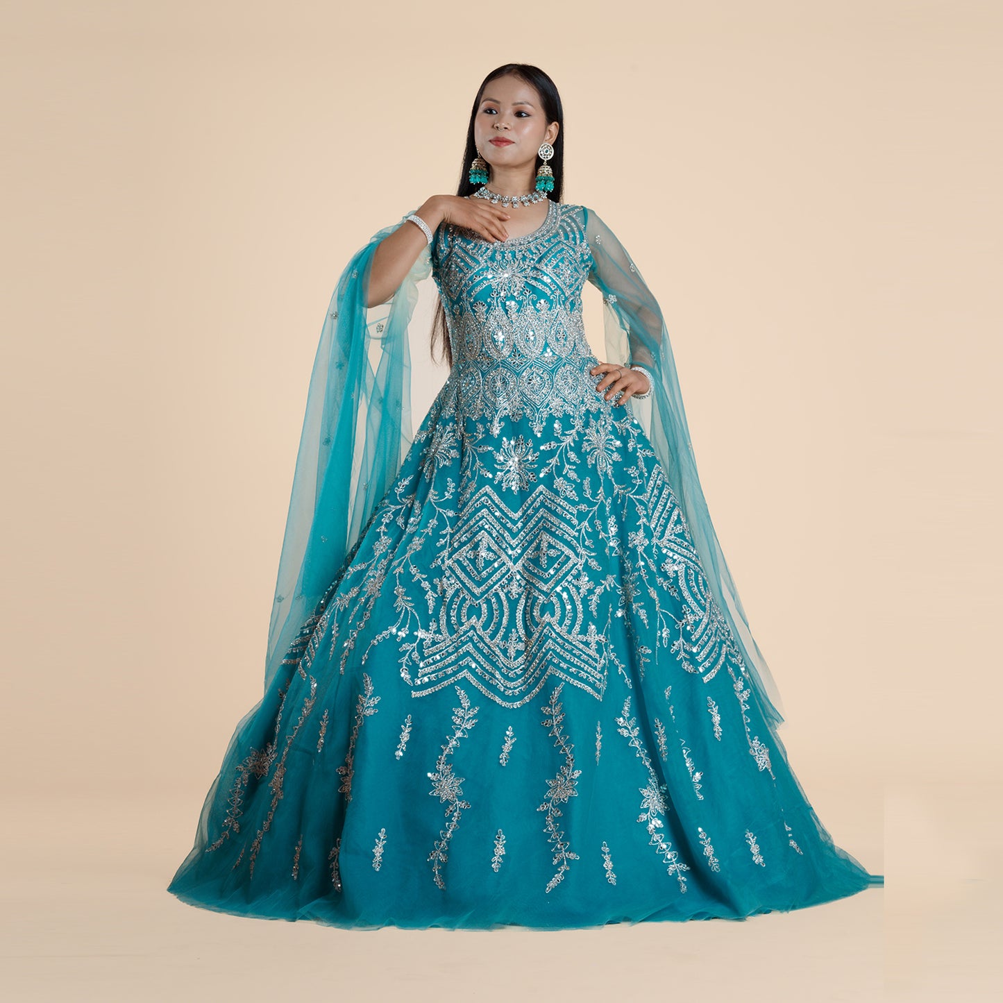 Aqua Elegance Embellished Gown