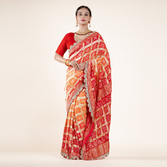 Red & Gold Saree with Cutdana Work