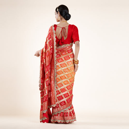 Red & Gold Saree with Cutdana Work