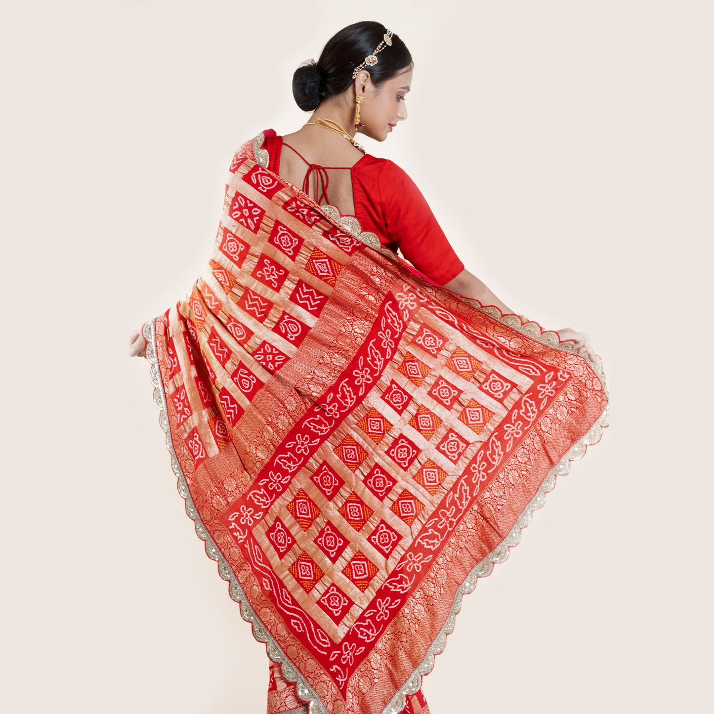 Red & Gold Saree with Cutdana Work