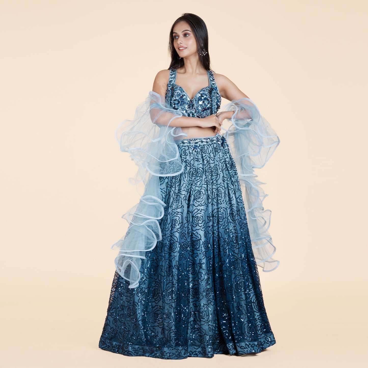 Prussian Blue Sequined Ghagra Set